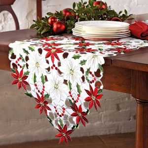 OurWarm Poinsettia Holly Leaf Embroidered Christmas Table Runner